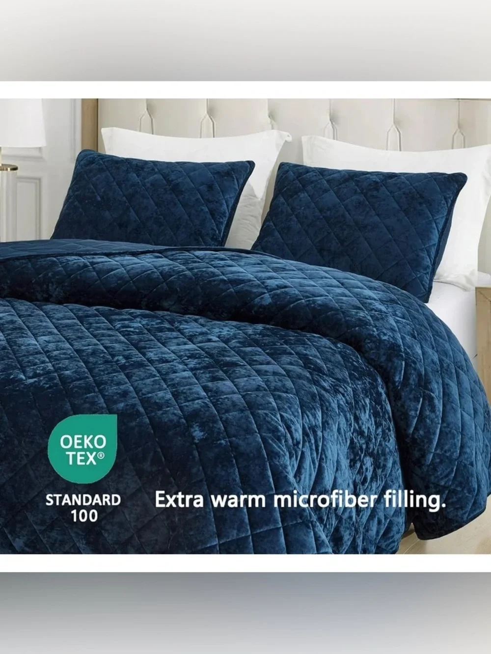 Plush Quilted Velvet 3 piece oversized king quilt Set - Navy